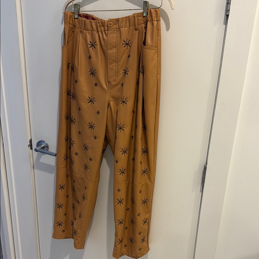 Free People Stylish Tan faux-leather Pants with Star Pattern